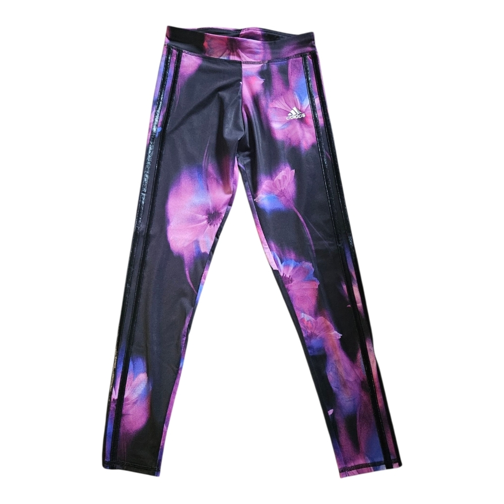 Girls Adidas Allover Print Black Floral Tights Size M 10/12